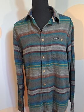 Ocean Current Men's Striped Button-Down Shirt in Teal, Gray, Brown